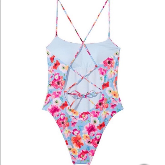 VICTORIAS SECRET ONE PIECE STRAPPY SWIM SUIT BLUE FLORAL SIZE XL Open Back - Picture 3 of 9